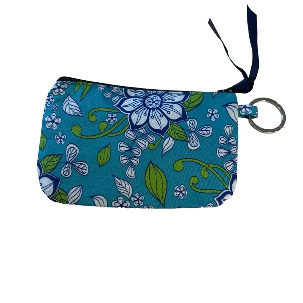 NWT Travel Wallet Coin Purse Key Chain Floral Flower Blue Green